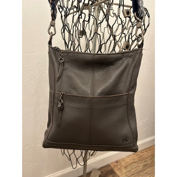 The Sak Handbags - The Sak Gray Pebbled Leather Crossbody Bag with Woven Geometric Strap Messenger